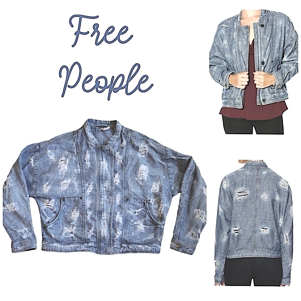 Free People Womans Elijah Distressed Oversized Denim Bomber Jean Jacket Sz M - Picture 6 of 6